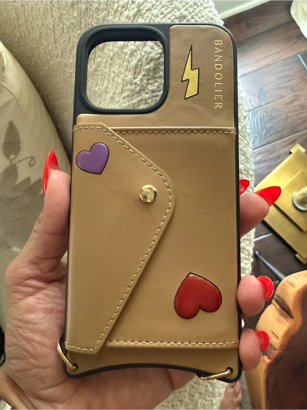 Bandolier Tan Leather Card Case Phone Case with Red & Purple Heart Accents